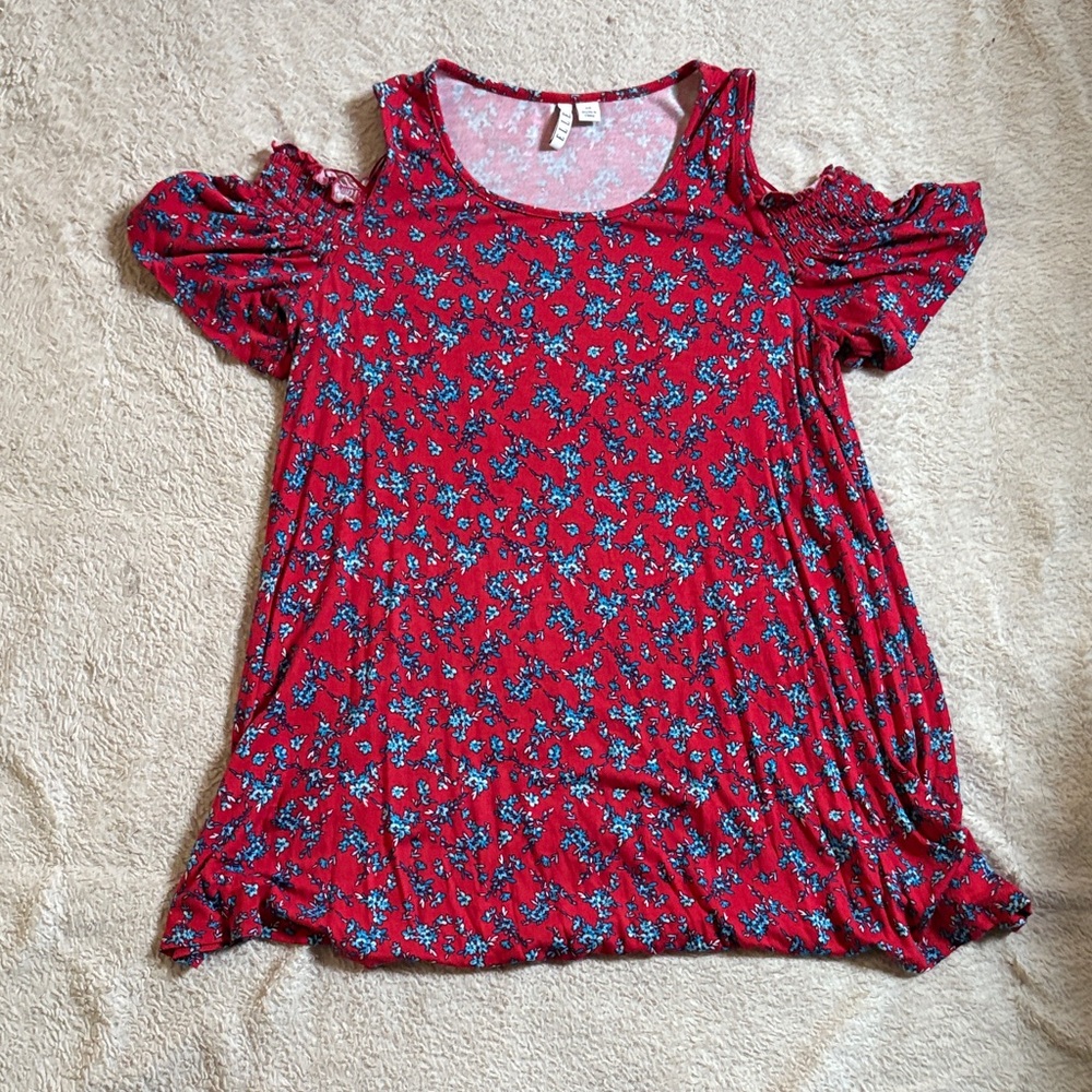 Floral Cold Shoulder Top - Red